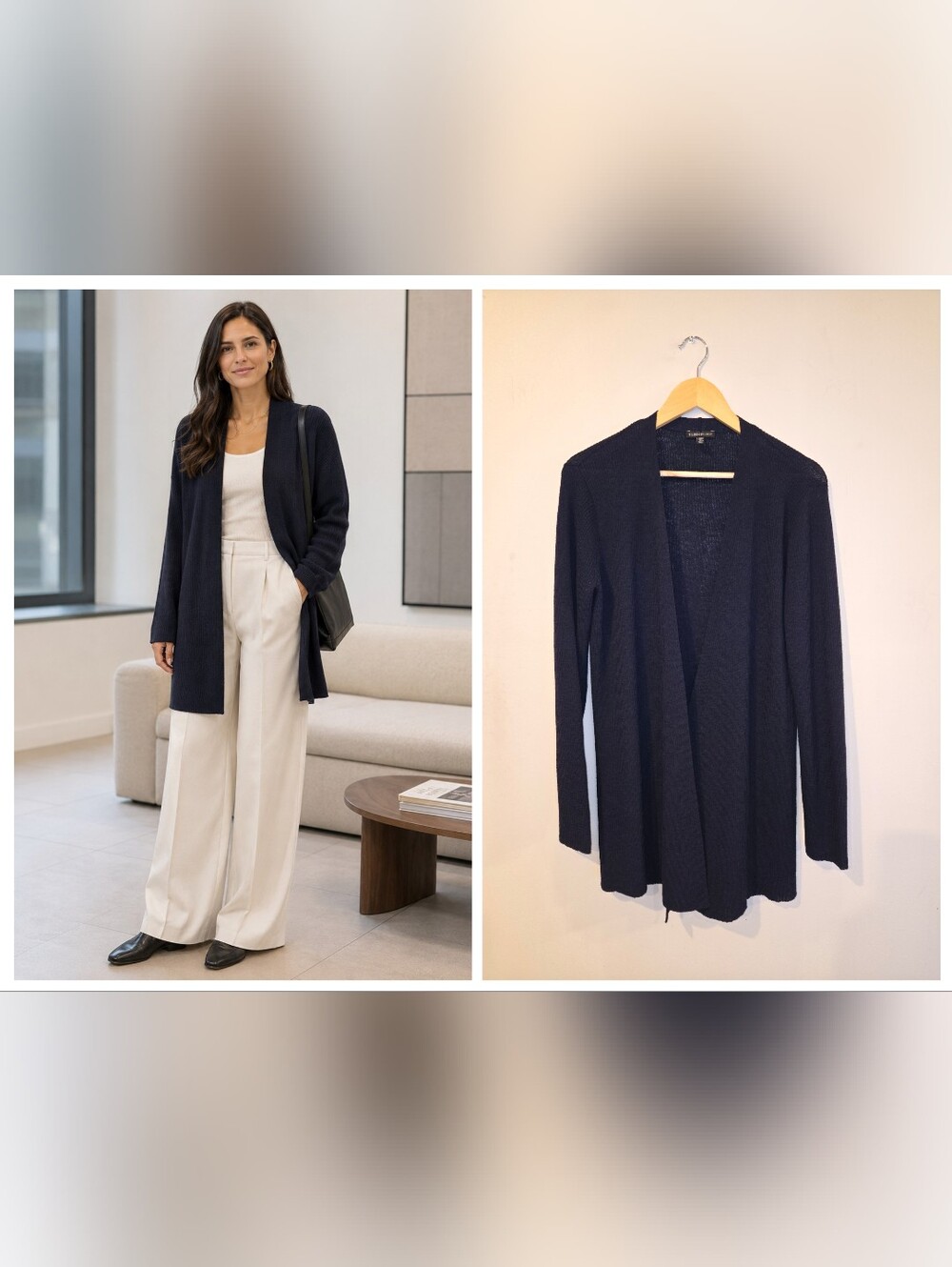 Eileen Fisher 100% Wool Open Front Long Cardigan Navy M Minimalist Coastal Layer